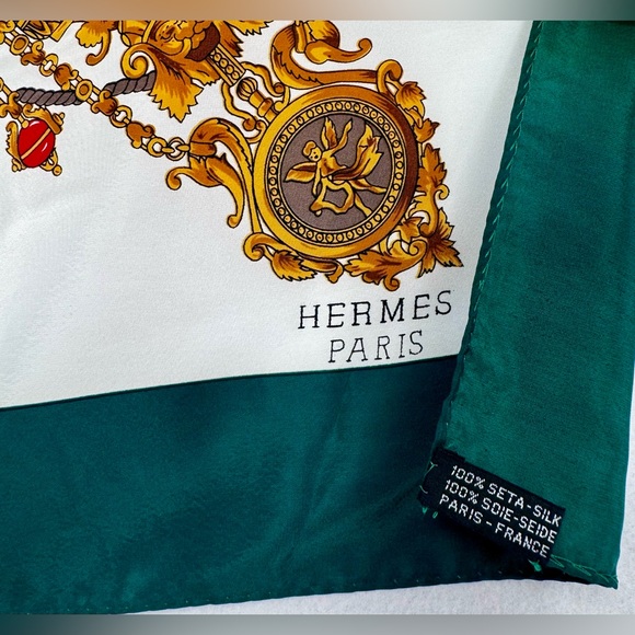 Hermes Authentic 100% Silk Large Scarf Gold Emerald Green 35”x35” - Picture 5 of 11